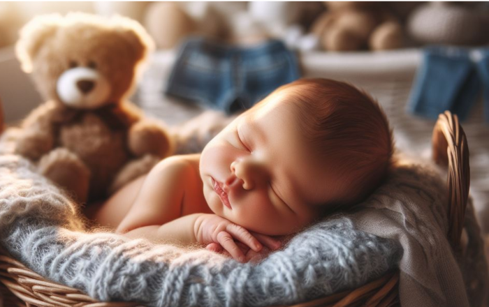 un neonato che dorme, dove in primo piano è evidenziata la fontanella anteriore della sua testa