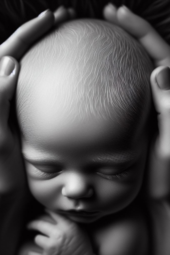 la testa di un neonato con in primo piano la sua fontanella anteriore