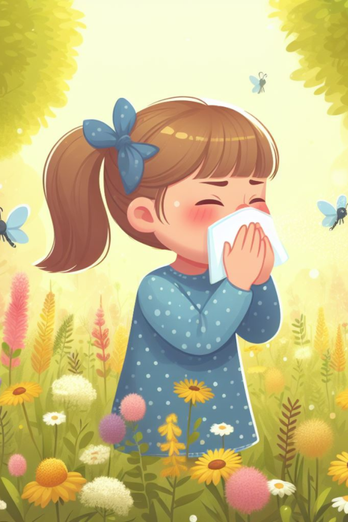 allergia di una bambina che si soffia il naso