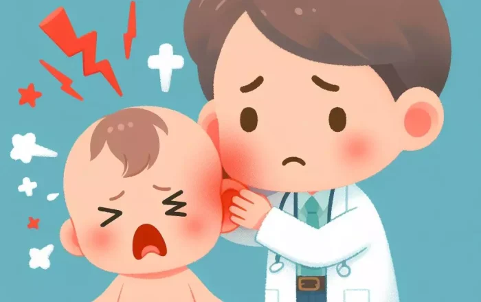 rappresentazione grafica di un dottore che visita un neonato con il mal d'orecchio