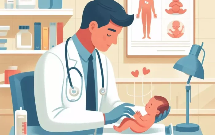 rappresentazione grafica di un pediatra che visita per la prima volta un bambino