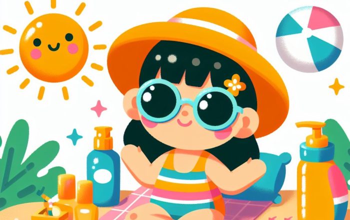 una bambino seduta in spiaggia a prendere il sole