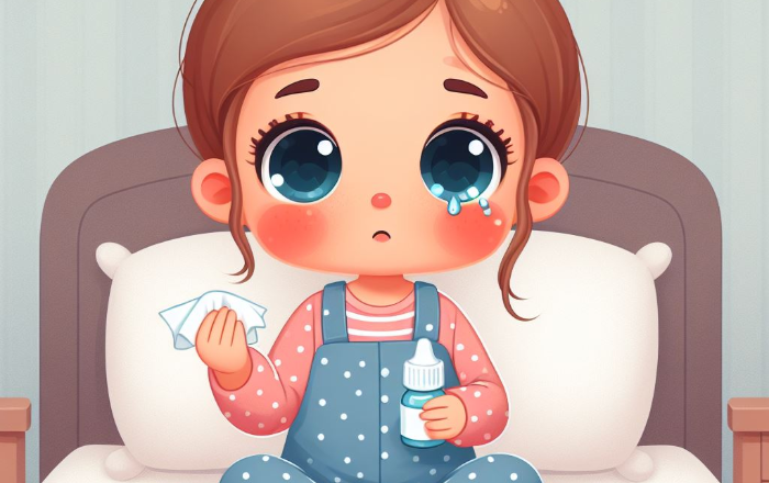 una bambina con l'occhio che le lacrima a causa di congiuntivite infettiva o allergica