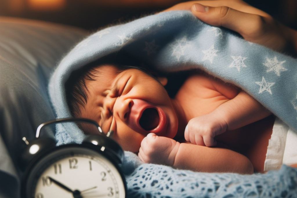 Un neonato in fasce che piange di notte e non dorme, vicino ad un orologio, mentre un genitore prova a consolarlo e farlo riaddormentare.
