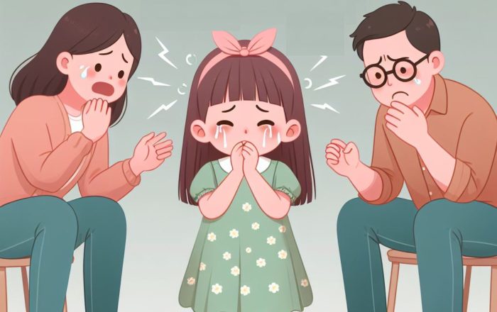 bambina con spasmi affettivi che piange e i genitori la guardano preoccupati